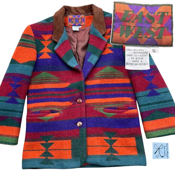 East West Wool Blend Vibrant Aztec Blazer Jacket Sz S - Picture 1 of 10